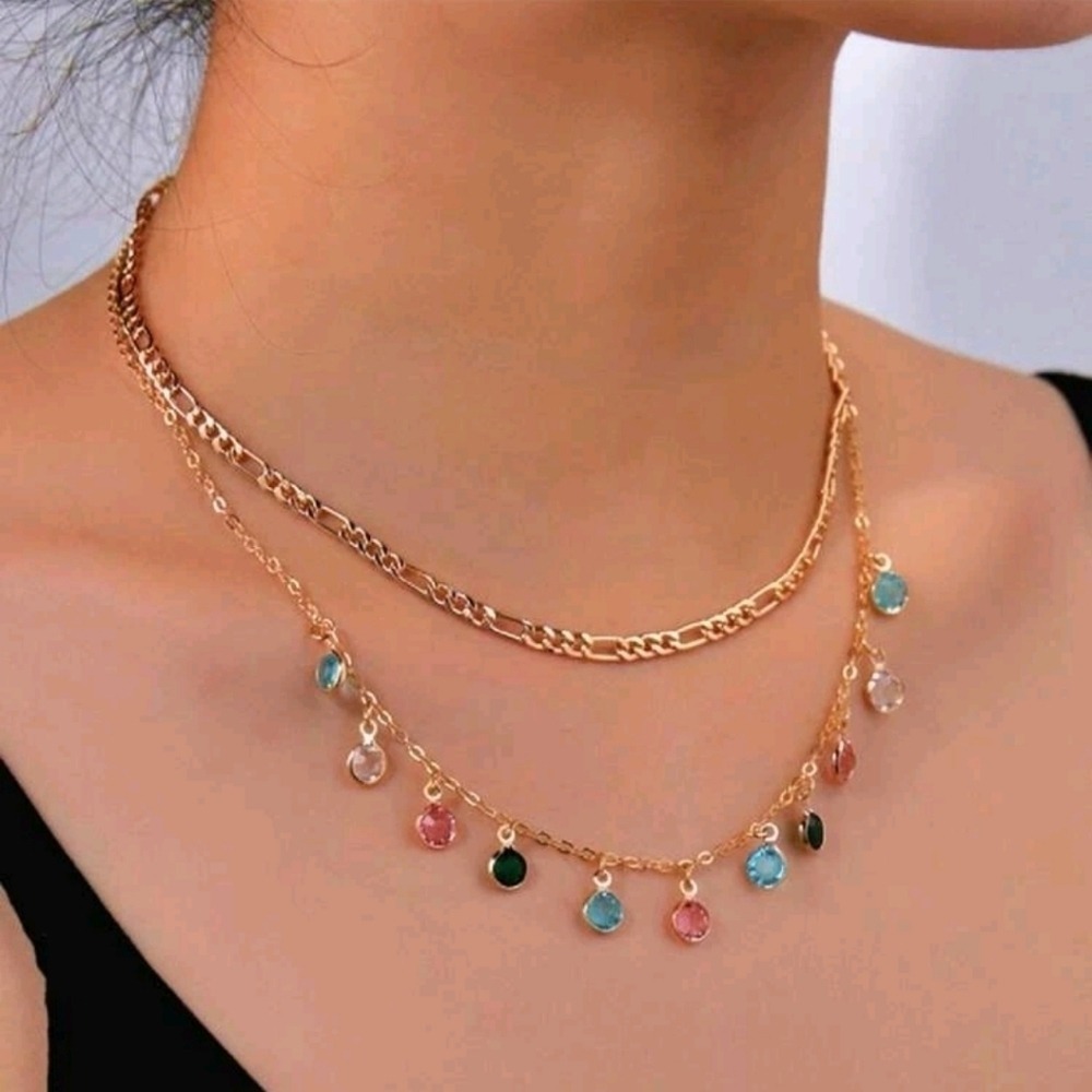 Gold layered necklace Boho colorful rhinestones Dainty Charm festival 💖2/$30